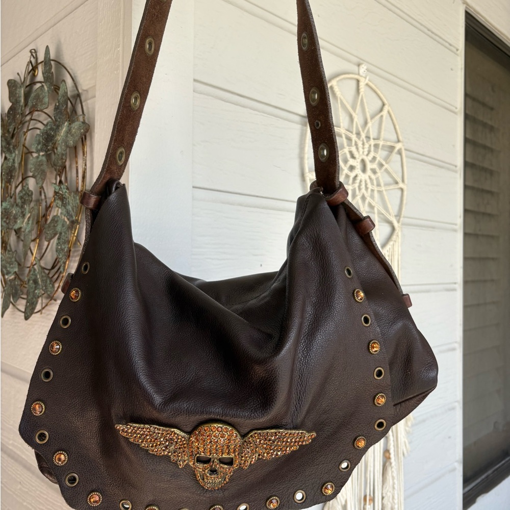 Vintage Leatherock Dark Brown Hobo Bag with Gold rivets and grommets